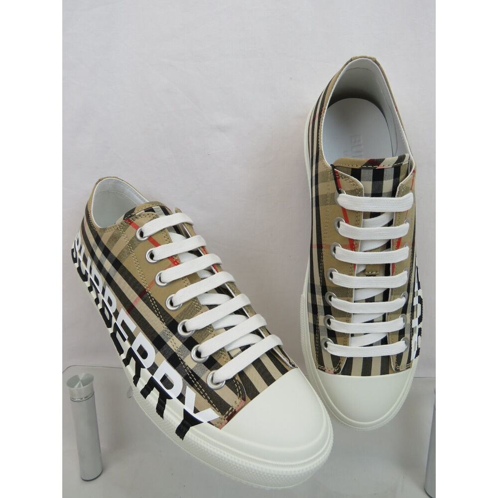 NIB BURBERRY LARKHALL BEIGE CHECK CANVAS LOGO WHITE CAP TOE UNISEX SNEAKERS 42 - Picture 3 of 13